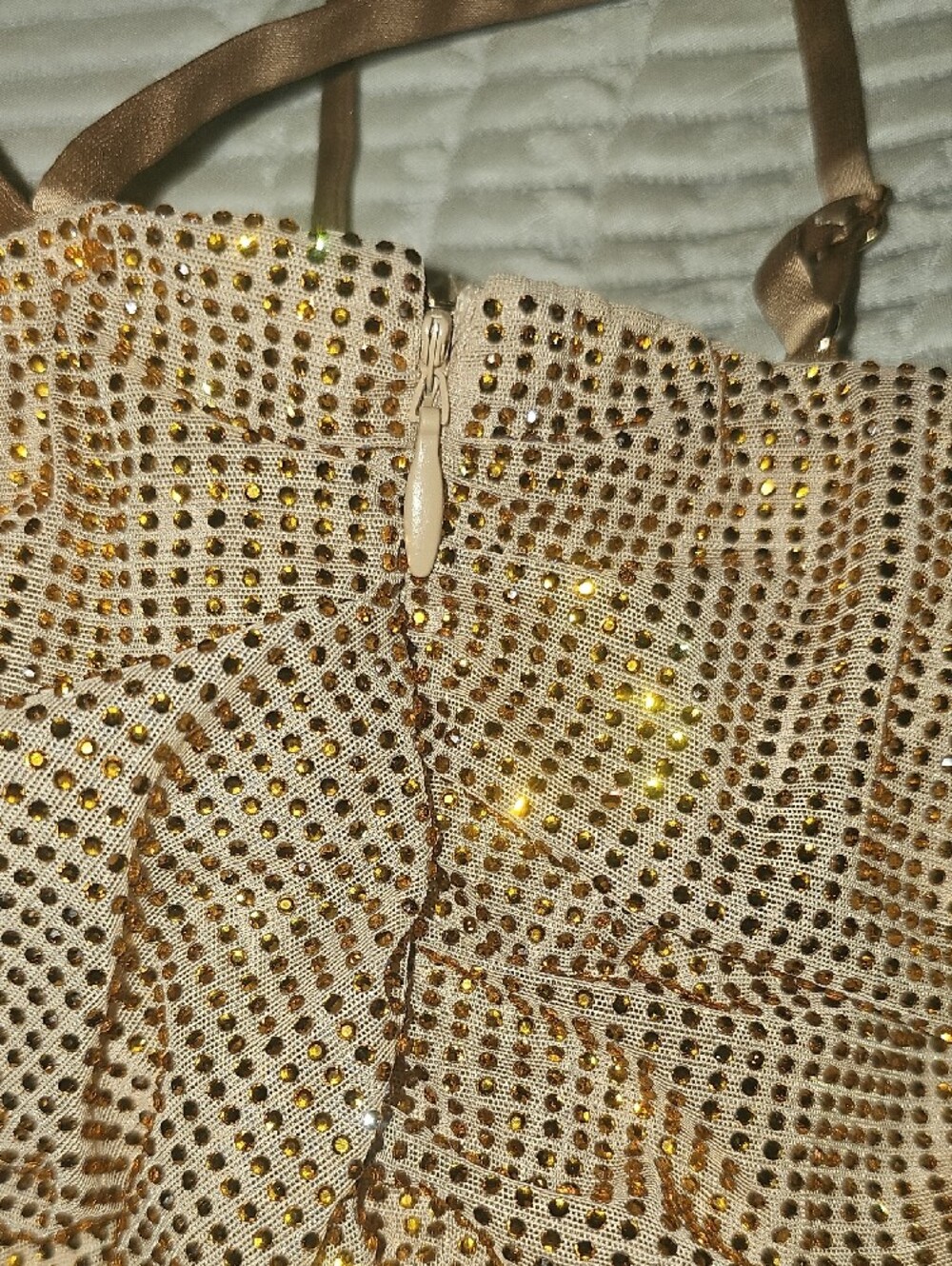 NWOT Oh Polly - Neréa - Gold Ruched Embellished Mini Dress - Picture 6 of 8